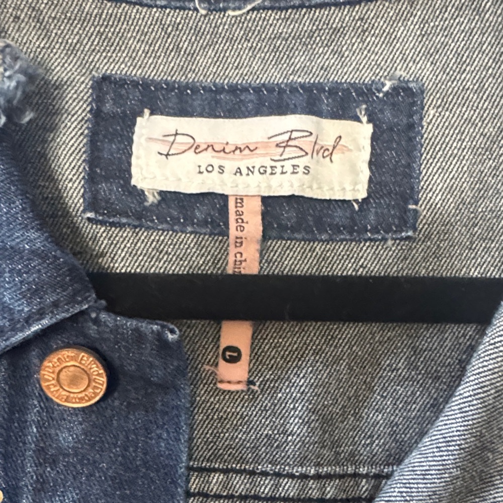 Dark Blue Denim Rhinestone-Studded Cropped Jean Jacket - Picture 2 of 3
